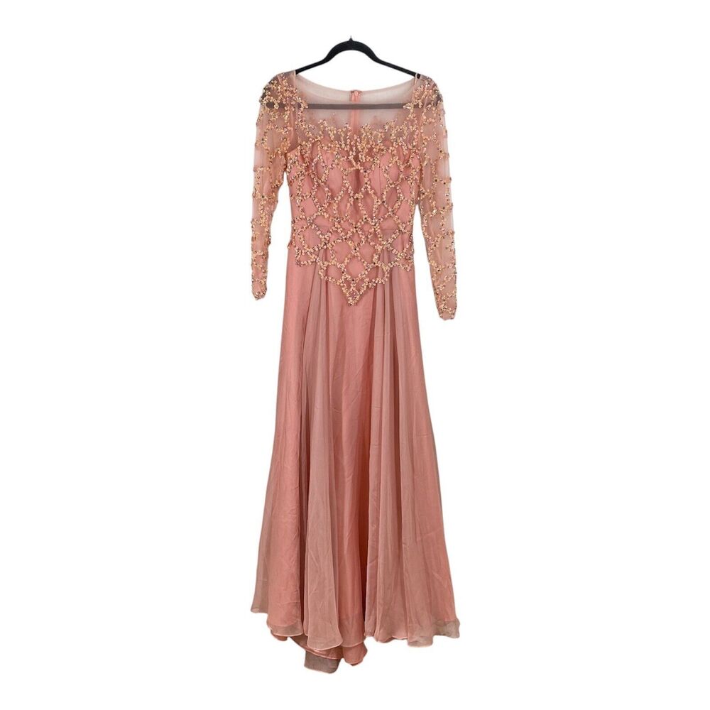 Judy & Julia Bridal Pink Beaded Evening Dress Sz 2 Long Sleeve Prom Gown Formal